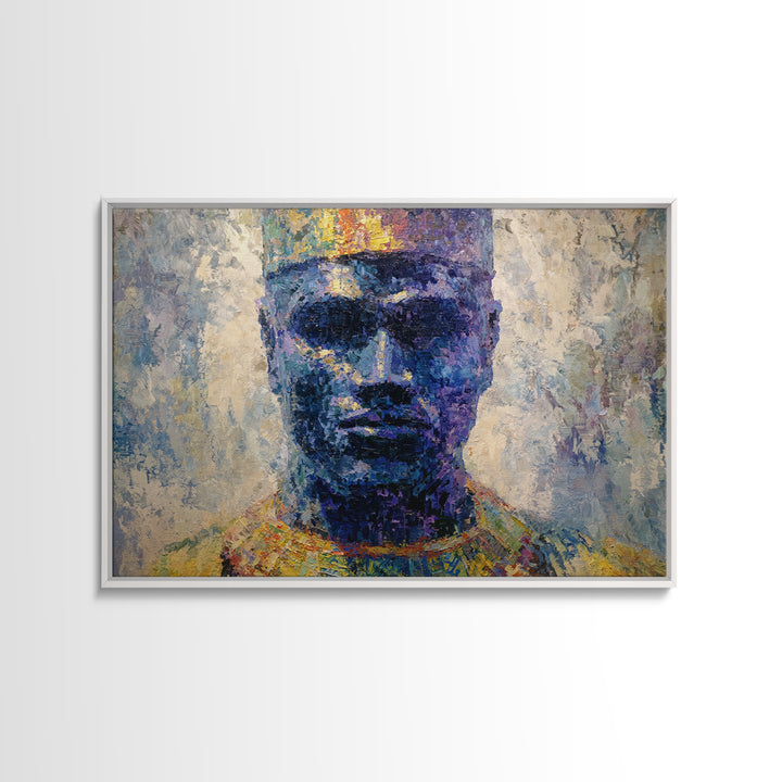 Blue Crowned African Man Portrait Canvas Print, Modern Afrocentric Art, Black Male Wall Decor, Textured Cultural Artwork