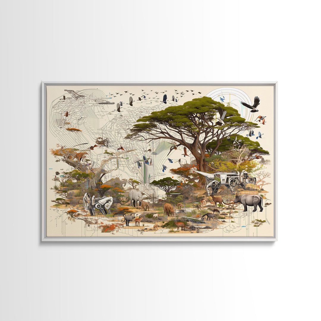 Acacia Safari Wildlife Collage Framed Canvas Print, African Animal Art, Serengeti Wall Decor, Nature Scene Living Room Decor