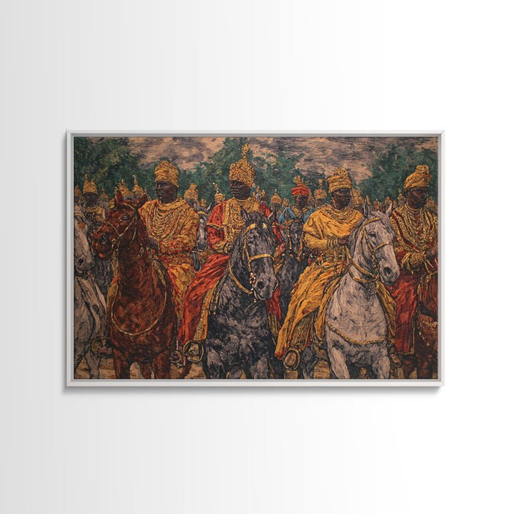 Regal African Horsemen Procession Wall Art, Royal Warrior Riders, Afrocentric Decor, Tribal History, Luxury Canvas Home Decor