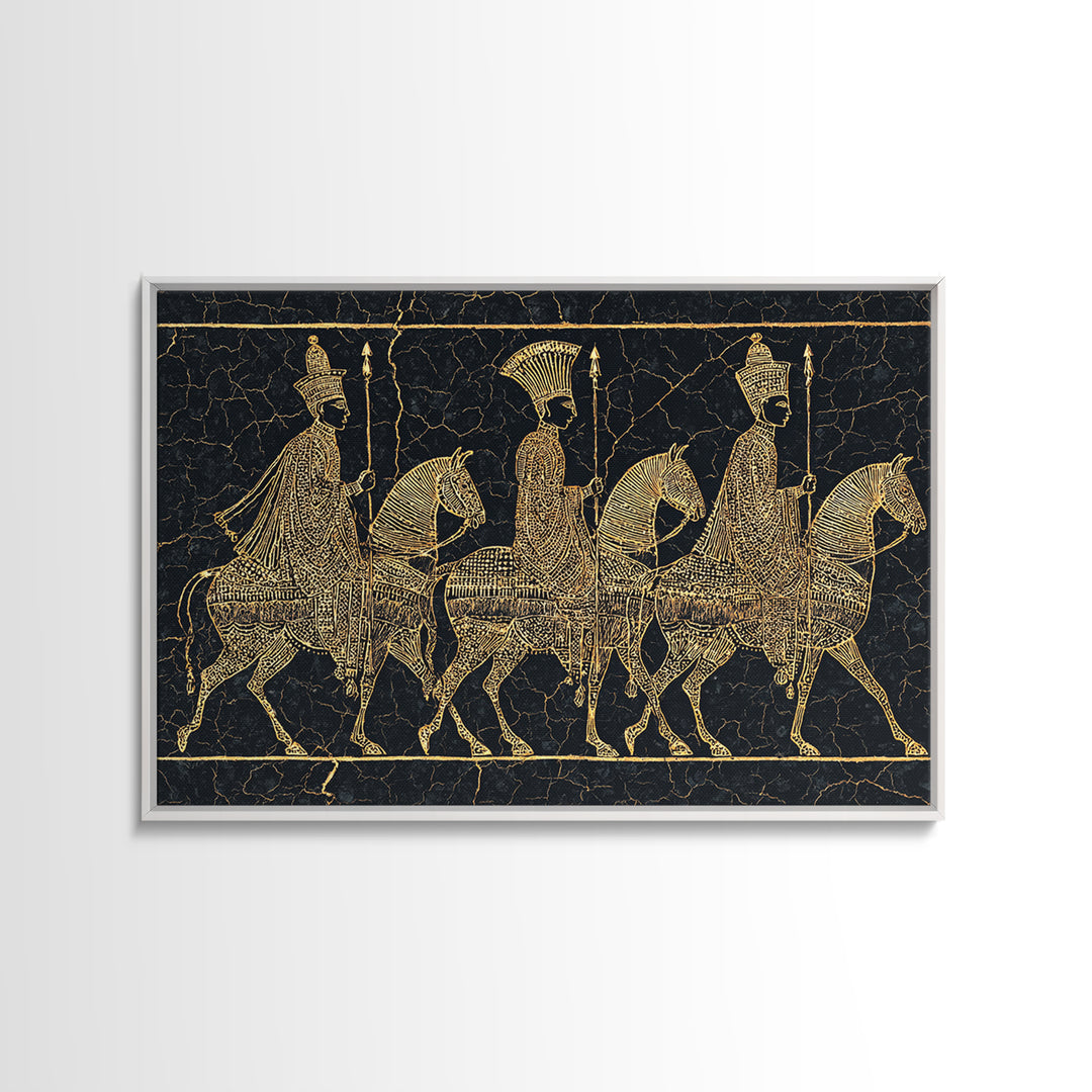 Ancient Gold African Horsemen Canvas Print, Black Tribal Line Art, Warrior Procession, Luxury Afrocentric Wall Decor, Statement Piece