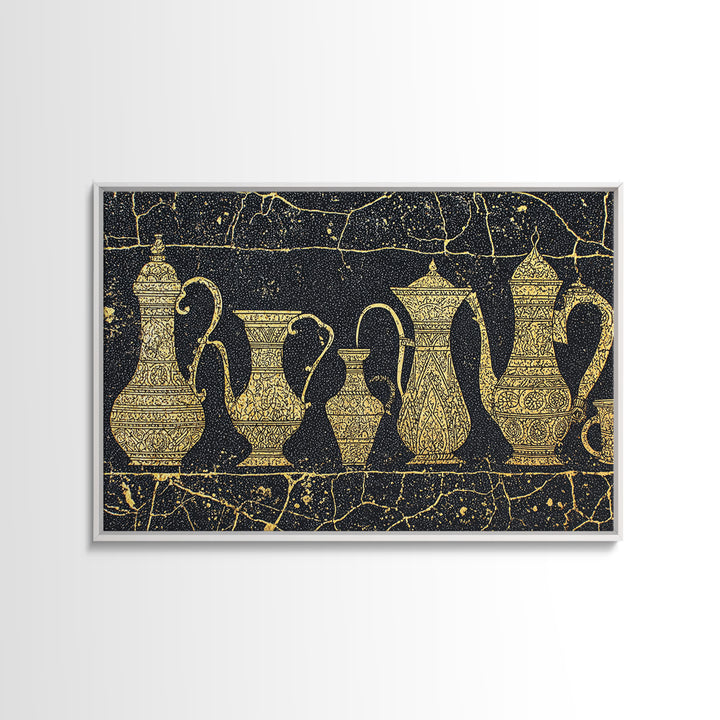 Gold African Coffee Pots Canvas Print, Ornate Black And Gold Design, Ethnic Kitchen Wall Decor, Luxury Cultural Art Gift