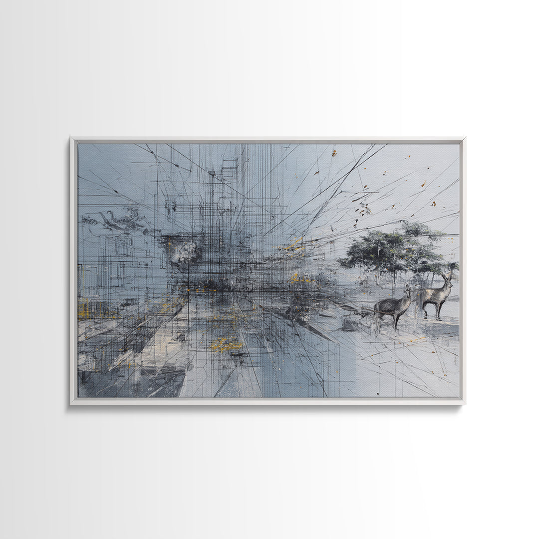 Minimal African Landscape Wall Art, Abstract Savanna Antelope Scene, Baobab Tree, Modern Safari Decor, Neutral Office Art