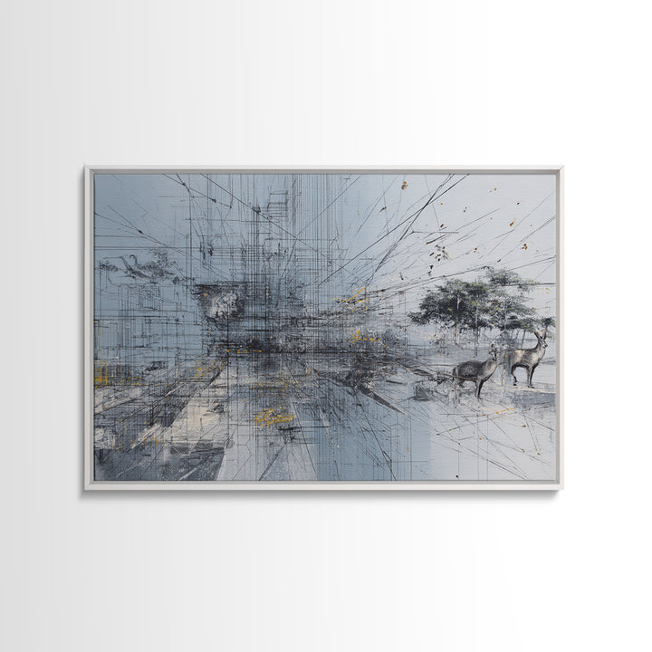 Minimal African Landscape Wall Art, Abstract Savanna Antelope Scene, Baobab Tree, Modern Safari Decor, Neutral Office Art