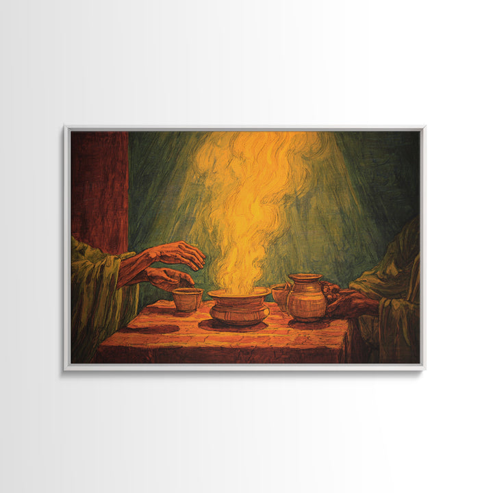 Glowing African Incense Ritual Canvas Print, Hands And Pottery, Spiritual Smoke Ceremony, Earth Tone Wall Decor, Cultural Gift