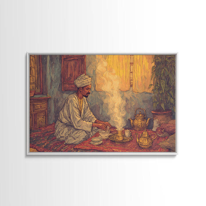 Seated African Tea Ceremony Framed Canvas Print, Spiritual Prayer Room Smoke, Traditional Interior, Afrocentric Wall Decor Gift