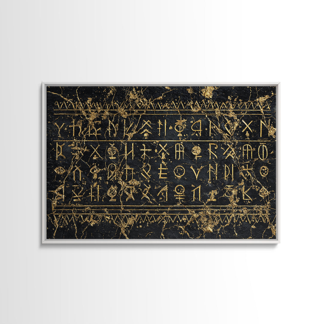 Black Gold Tribal Inscription Canvas Print, Ancient African Art, Textured Wall Decor, Ethnic Cultural Wall Art Gift For Him