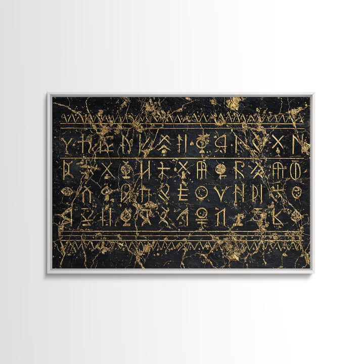 Black Gold Tribal Inscription Canvas Print, Ancient African Art, Textured Wall Decor, Ethnic Cultural Wall Art Gift For Him