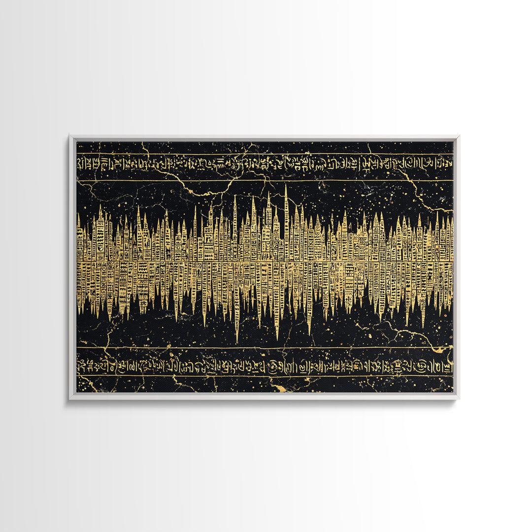 Golden Ancient Soundwave Script Wall Art, Black And Gold African Abstract, Spiritual Office Decor Framed Canvas Print Gift