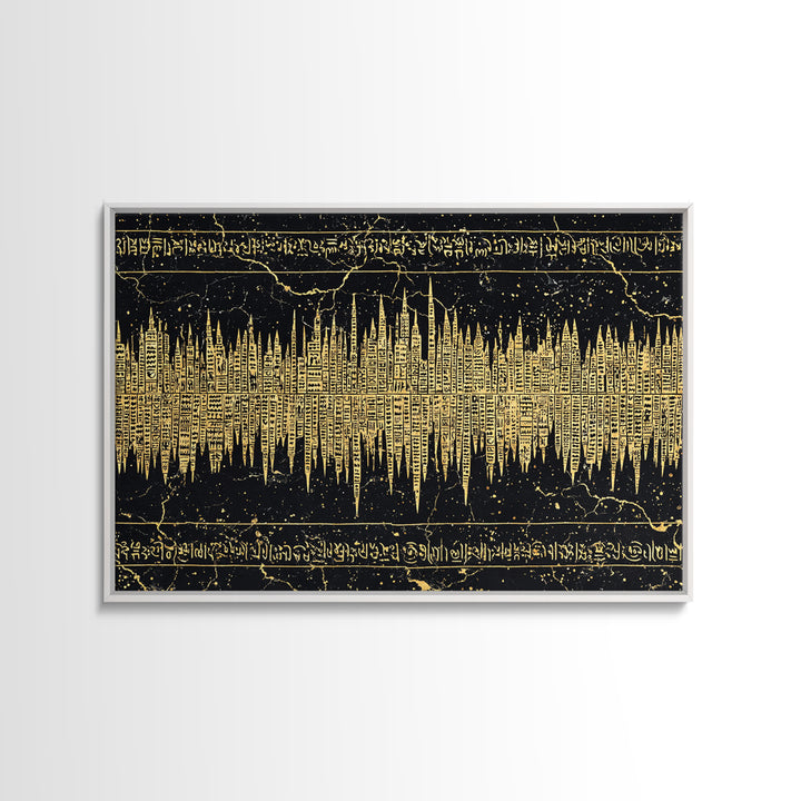 Golden Ancient Soundwave Script Wall Art, Black And Gold African Abstract, Spiritual Office Decor Framed Canvas Print Gift