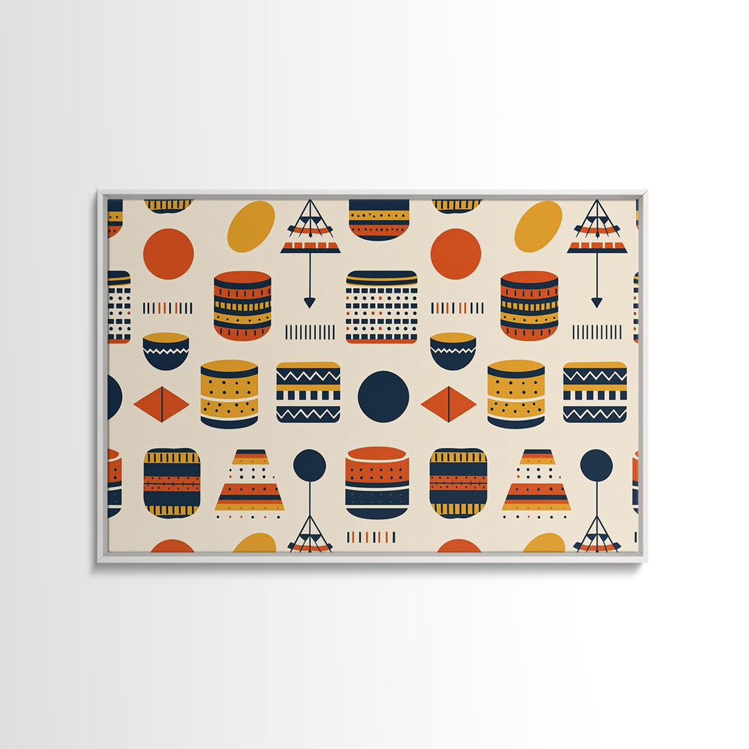 African Drum And Shield Pattern Wall Art, Ankara Inspired Geometric Decor, Tribal Fabric Style Framed Canvas Print Home Decor Gift