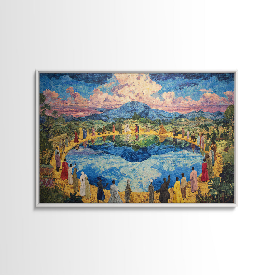 African Village Gathering By Blue Lake Wall Art, Colorful Landscape, Cultural Celebration, Large Living Room Canvas Print