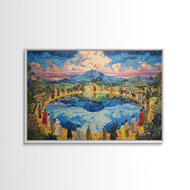 African Village Gathering By Blue Lake Wall Art, Colorful Landscape, Cultural Celebration, Large Living Room Canvas Print