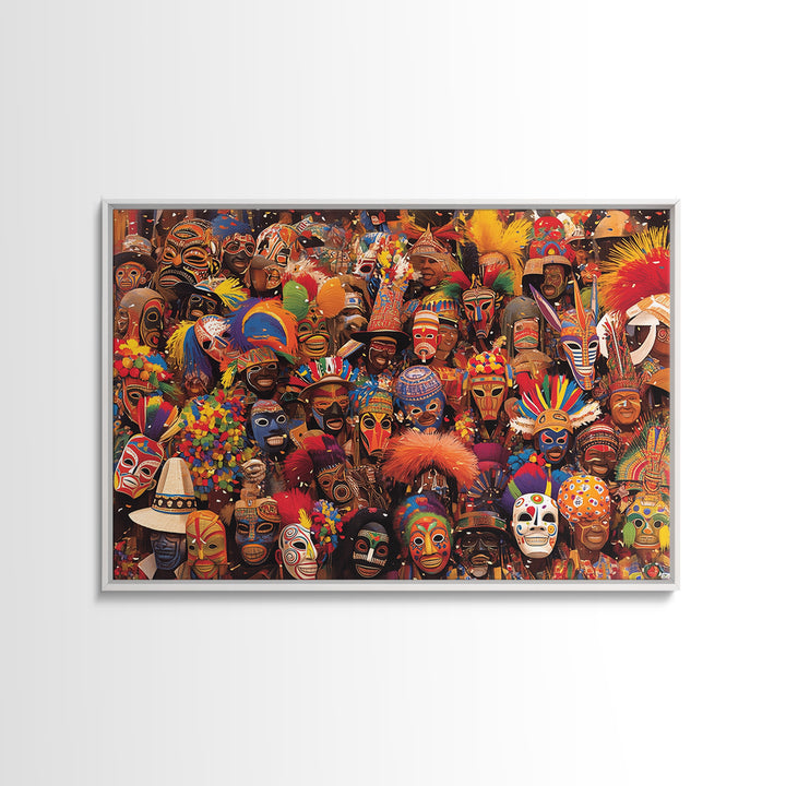 Festive African Carnival Mask Crowd Canvas Print, Colorful Tribal Wall Art, Afrocentric Celebration Decor, Black Culture Gift