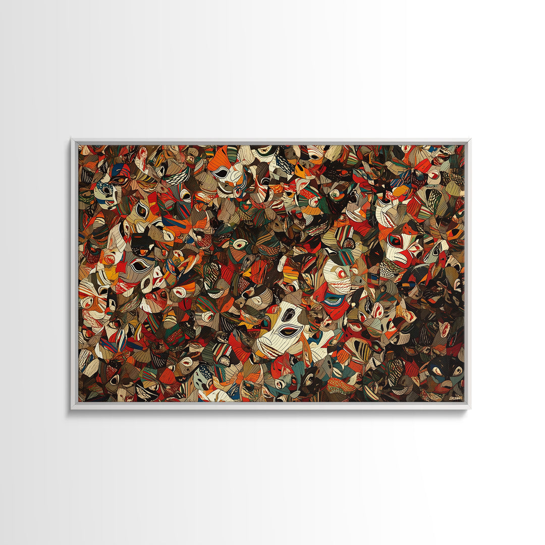 Dense African Tribal Mask Collage Wall Art, Abstract Ethnic Pattern, Afrocentric Decor, Bold Cultural Canvas Print Poster