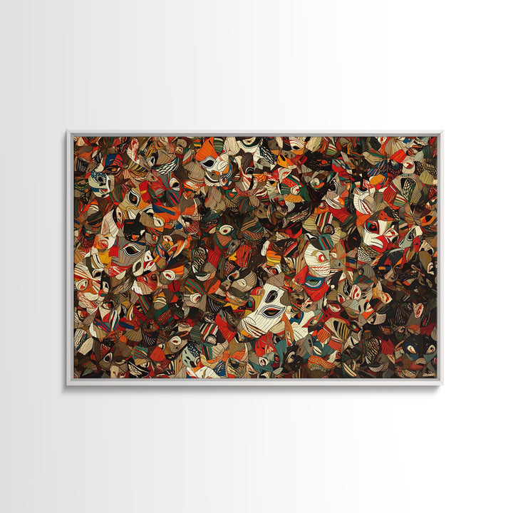 Dense African Tribal Mask Collage Wall Art, Abstract Ethnic Pattern, Afrocentric Decor, Bold Cultural Canvas Print Poster