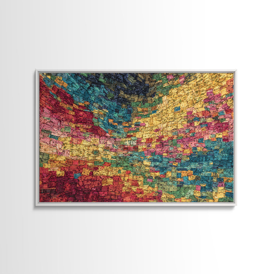 Colorful Mosaic Textile Landscape Wall Art, Abstract African Fabric Patterns, Modern Boho Decor, Textured Canvas Print Gift