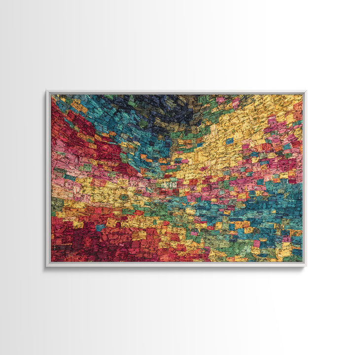 Colorful Mosaic Textile Landscape Wall Art, Abstract African Fabric Patterns, Modern Boho Decor, Textured Canvas Print Gift