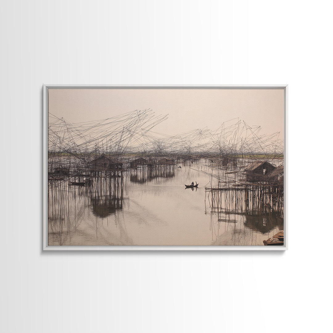 Sepia Stilt Fishing Village On Calm Water Wall Art, African Landscape, Coastal Home Decor, Serene Living Room Canvas Print