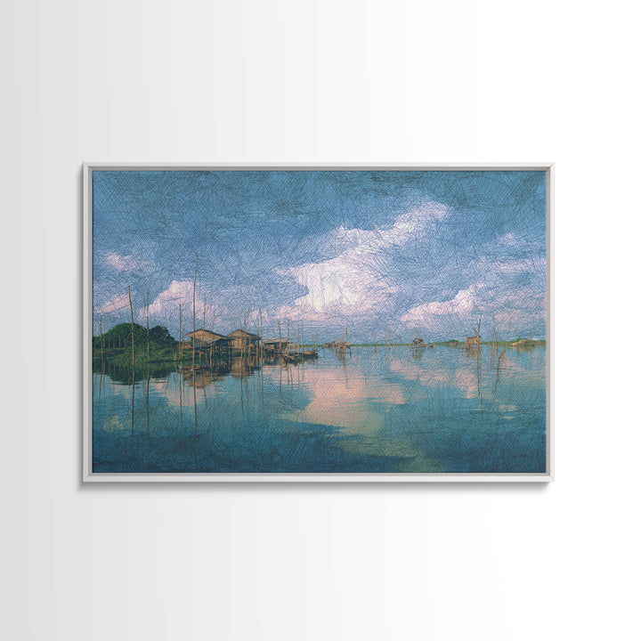 Blue Lagoon Stilt Houses Under Cloudy Sky Canvas Print, African Wall Art, Coastal Decor, Peaceful Lake Home Decor Art Gift