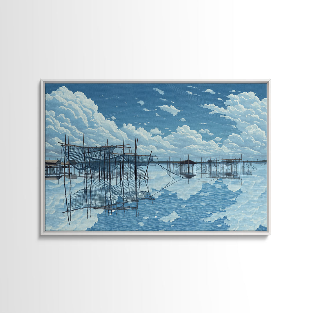 Bright Fishing Nets And Stilt Huts On Blue Lake Wall Art, African Landscape, Coastal Canvas Print, Serene Bedroom Decor Gift