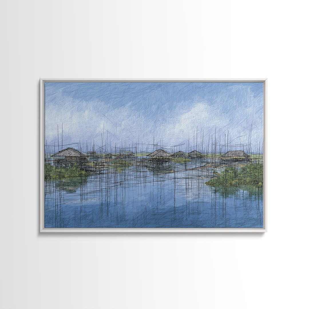 Rainy Wetland Stilt Huts With Blue Reflections Wall Art, African Landscape, Modern Coastal Decor, Peaceful Canvas Print Gift