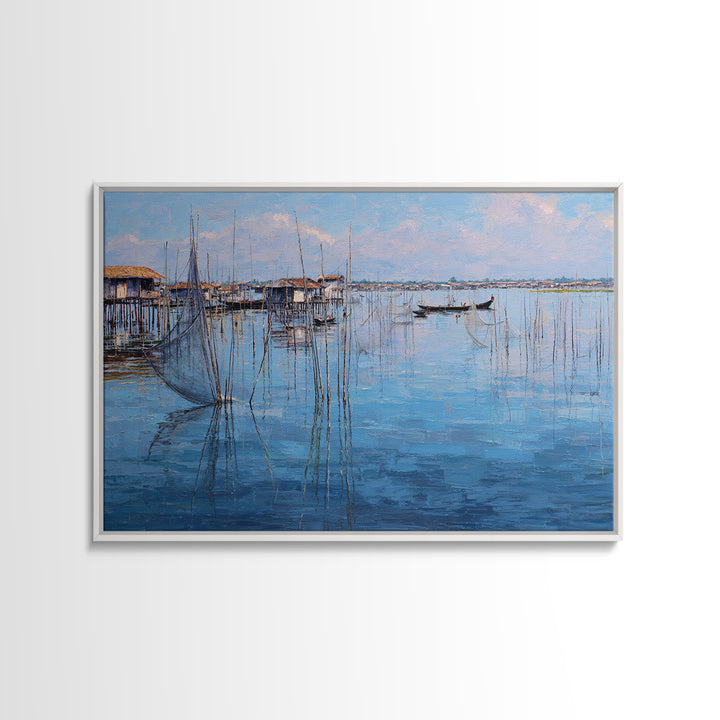 Painterly Blue Stilt Village With Small Boat Canvas Print, African Wall Art, Coastal Living Room Decor, Serene Lake Gift