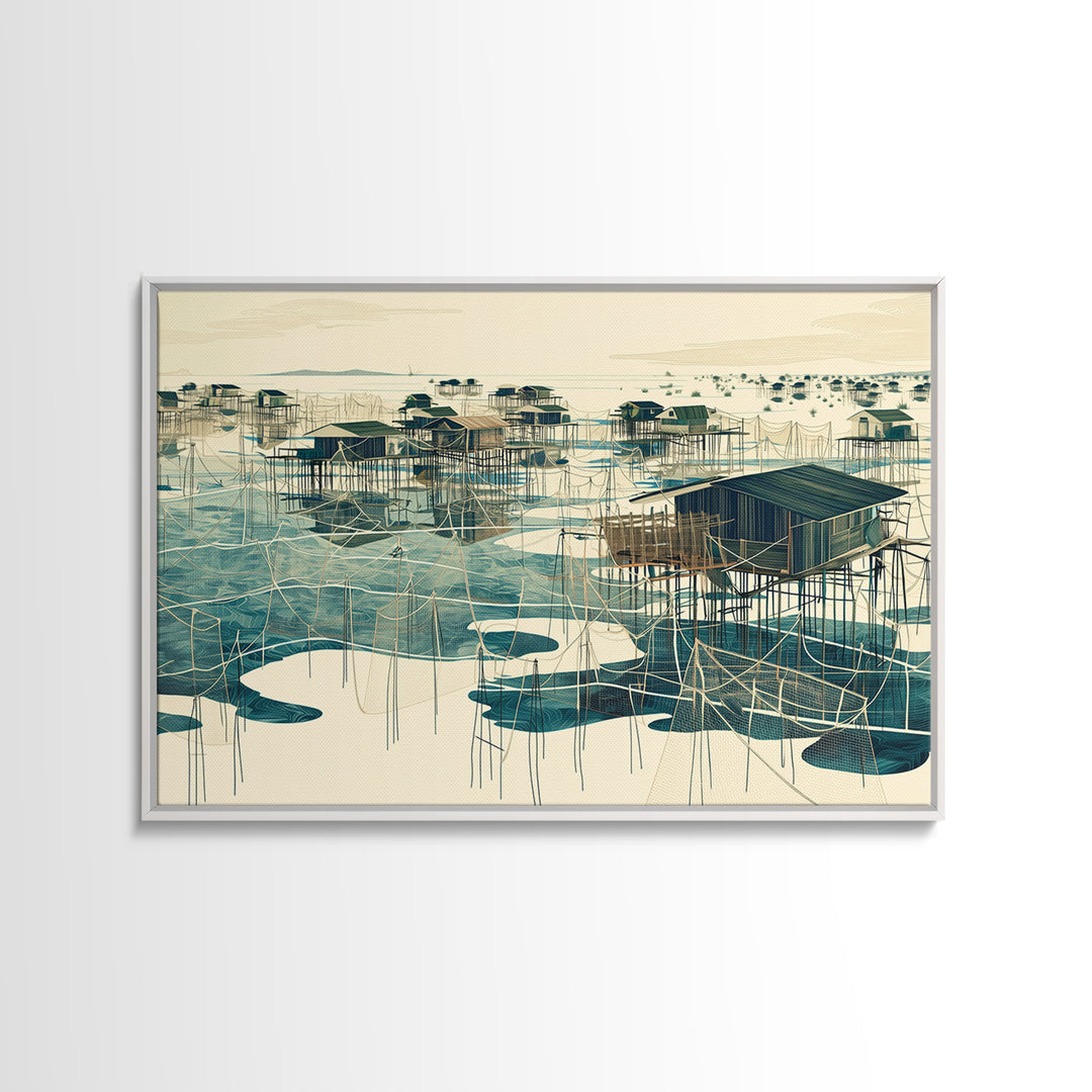 Graphic Stilt House Fishing Village Over Turquoise Water Wall Art, African Landscape, Modern Coastal Decor, Canvas Print Gift