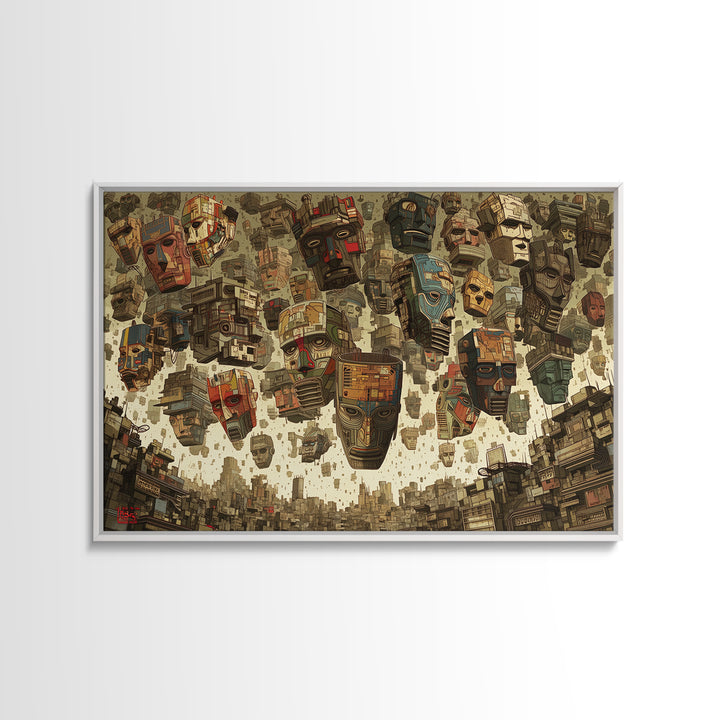 Floating Tribal Masks In Futuristic African City Framed Canvas Print, African Mask Art, Afrocentric Wall Decor, Bold Gift