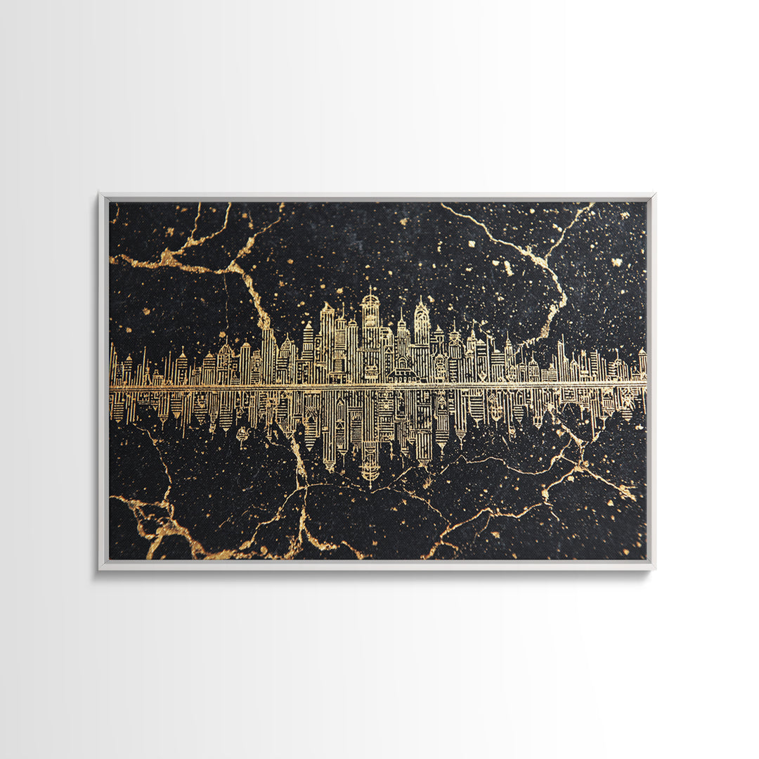 Gold Line Art Skyline Reflected On Black Marble Wall Art, Luxury Canvas Print, Modern Office Decor, Elegant Home Decor Gift