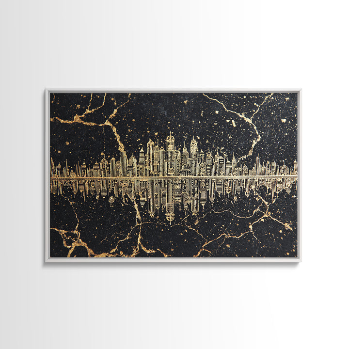 Gold Line Art Skyline Reflected On Black Marble Wall Art, Luxury Canvas Print, Modern Office Decor, Elegant Home Decor Gift