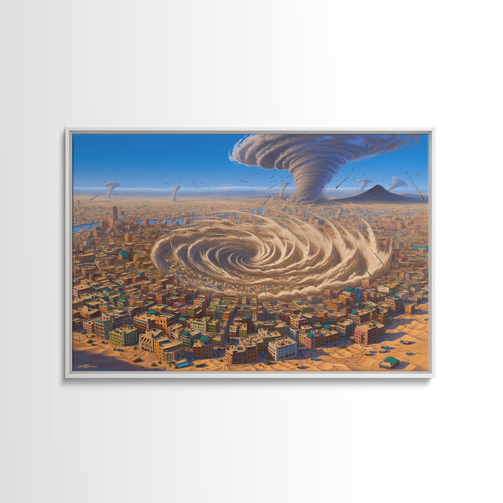Surreal Desert City With Giant Tornado Storms Canvas Print, African Landscape Wall Art, Sci Fi Home Decor, Statement Gift