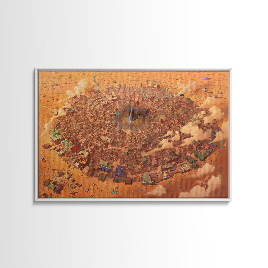 Circular Desert City Around A Central Spire Canvas Print, African Landscape Wall Art, Futuristic Home Decor, Unique Gift