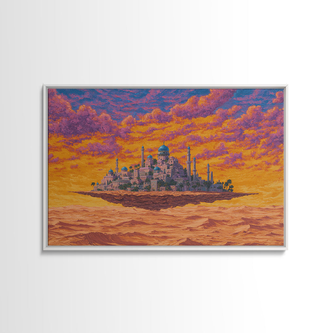 Floating Desert Palace Framed Canvas Print, Orange Sunset Mosque Artwork, African Inspired Travel Decor For Statement Walls