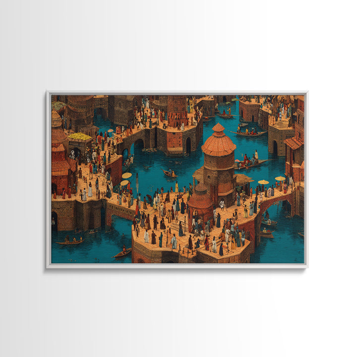 Bustling African Canal Market Wall Art, Crowded Waterfront City Print, Cultural Decor For Living Room Or Office Gallery Wall