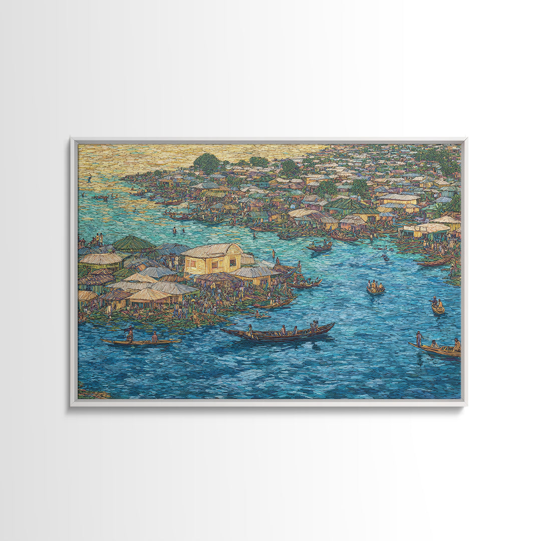 Blue Floating Village Canvas Print, African Coastal Boats And Water Market, Cultural Wall Decor For Living Room Gallery Art