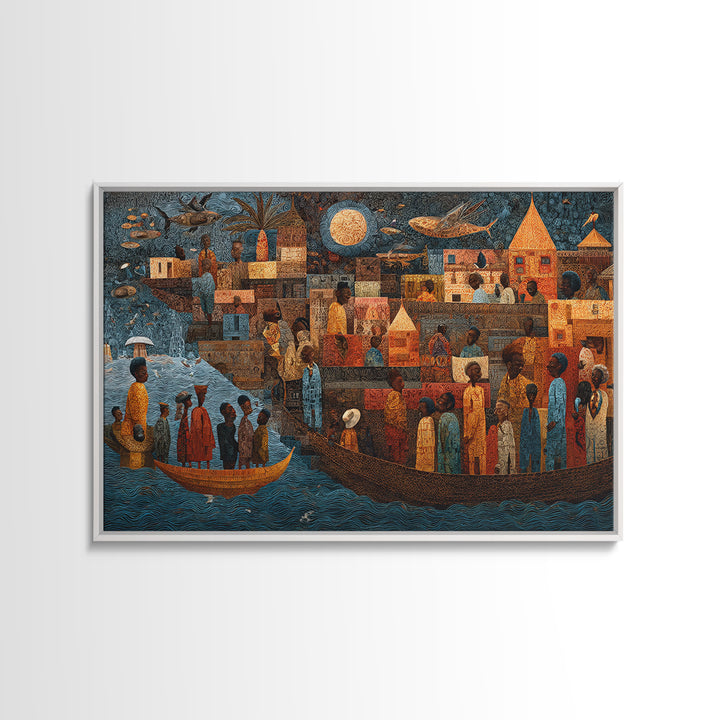 Moonlit African Story Boat Wall Art, Folk Village Figures And Ancestral River, Afrocentric Cultural Decor Canvas Print Gift