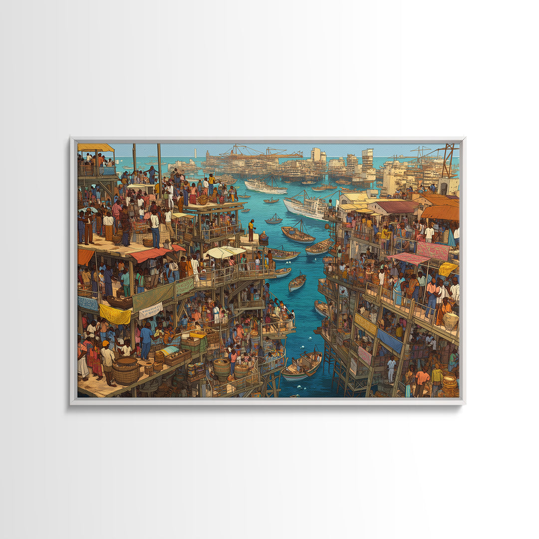 Crowded Coastal Harbor Wall Art, African Waterfront Market City, Detailed Boat Scene For Urban Living Room Decor Canvas Print Gift