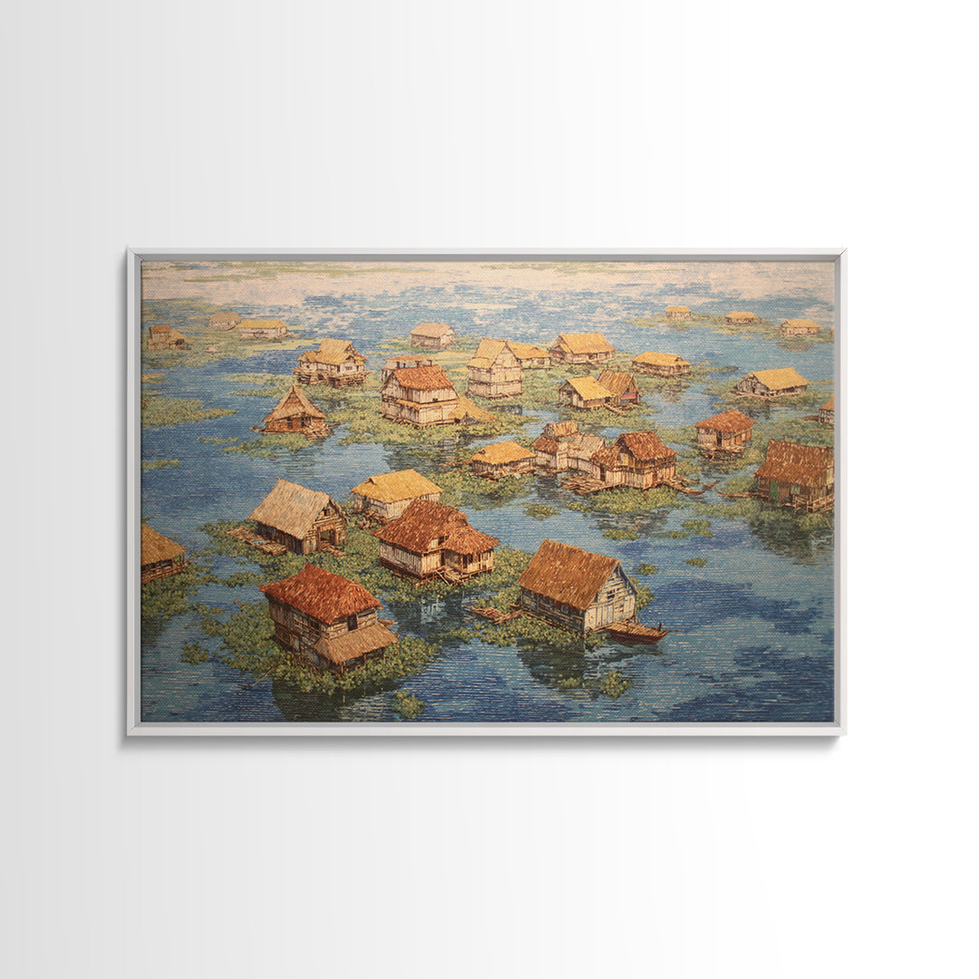 Peaceful Stilt Village Framed Canvas Print, Floating Water Houses And Boats, African Coastal Wall Decor For Home Gallery