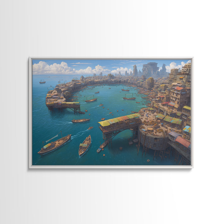 Futuristic African Harbor Canvas Print, Panoramic Coastal City With Boats, Modern Wall Art For Living Room Statement Decor