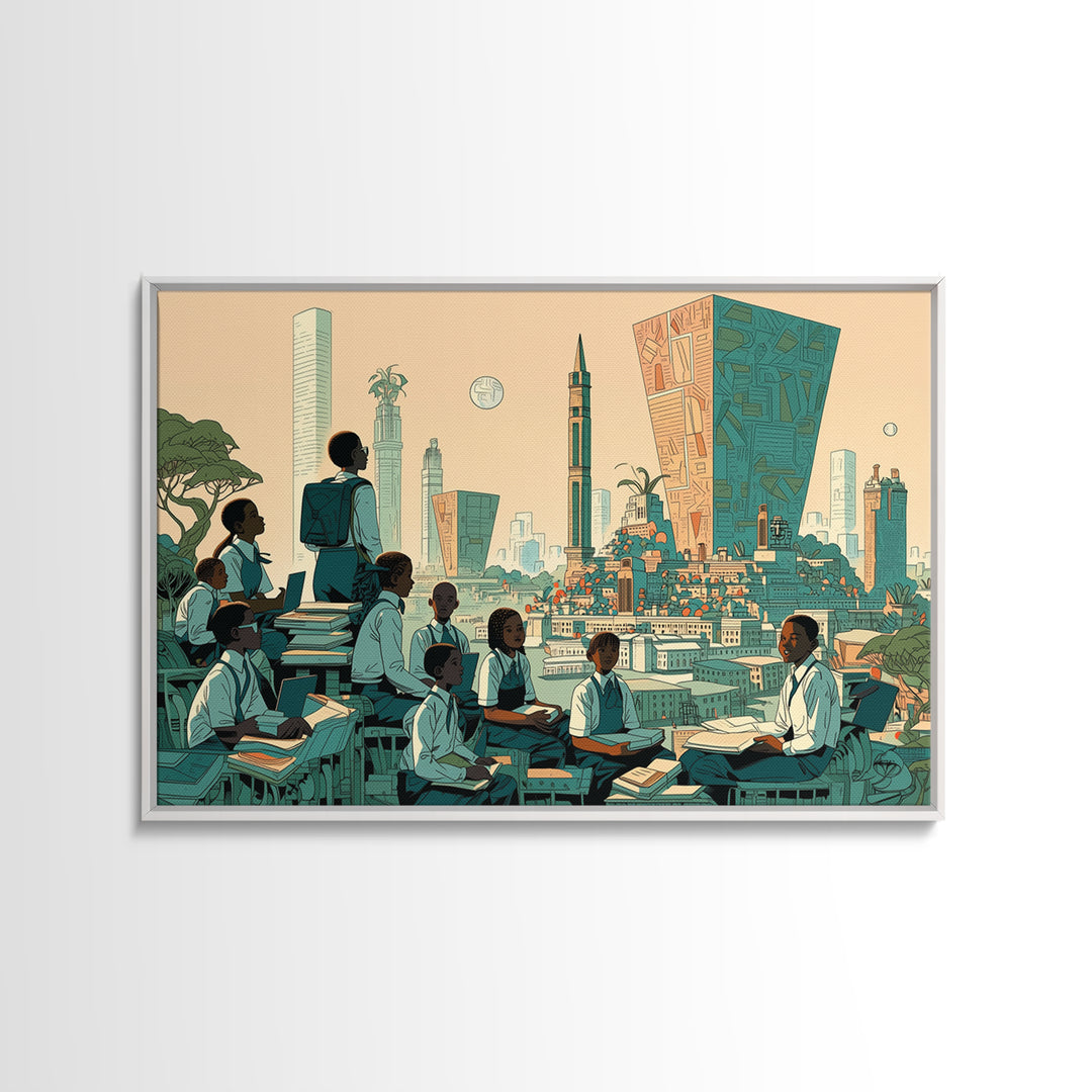 Afrofuturist Classroom Wall Art, African Children Cityscape, Black Education Poster, Modern Culture Home Decor Gift, Canvas Print