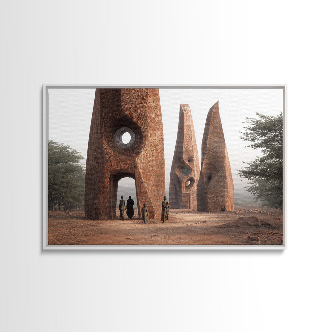 Terracotta Tribal Tower Wall Art, African Sculpture Inspired Architecture, Desert Monument Canvas Print, Bold Home Decor