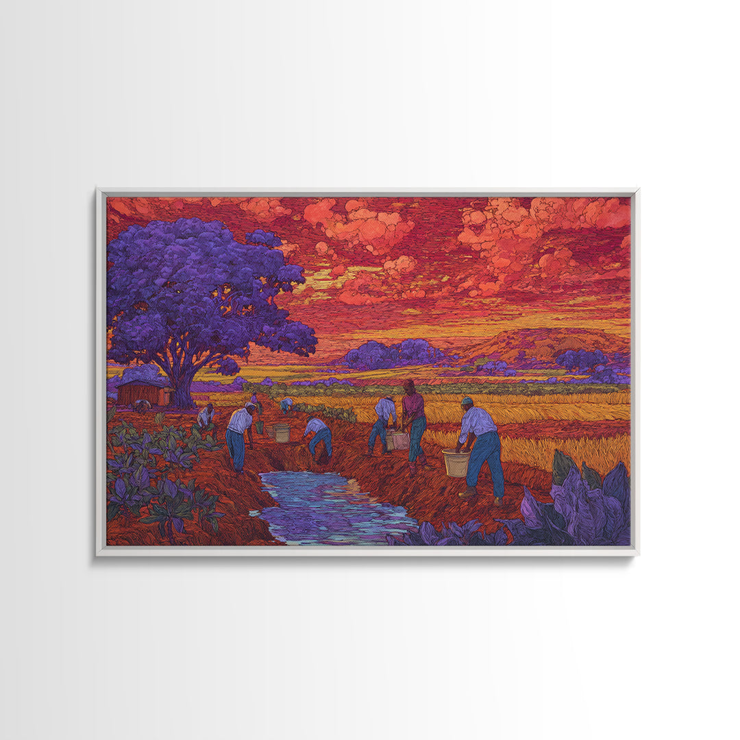 Purple Tree Harvest Wall Art, African Village Landscape, Colorful Sunset Field Painting, Cultural Canvas Print Decor Gift