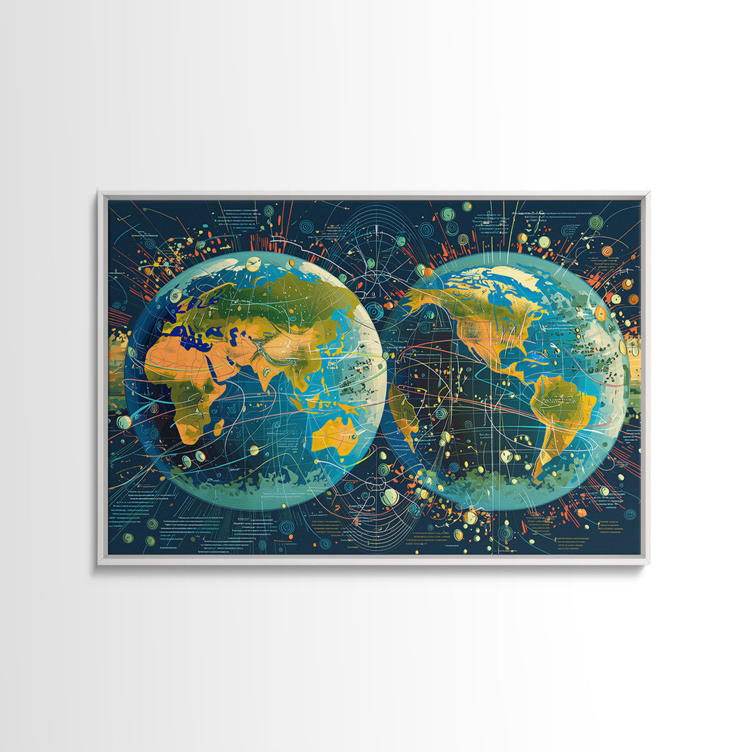 Dual Globe World Map Wall Art, Modern Geography Poster, Science Office Decor, Educational Travel Gift For Home And Classroom Decor