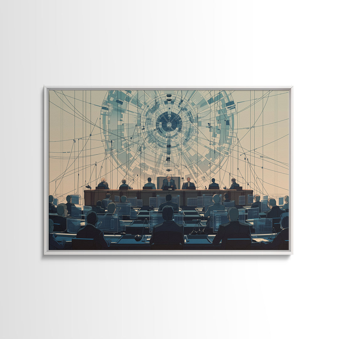 Futuristic Council Chamber Canvas Print, Digital Conference Hall Wall Decor, Modern Office Art For Lawyers And Leaders Gift