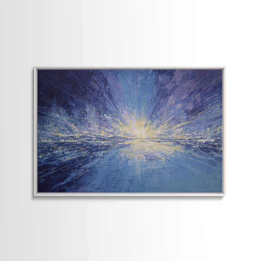 Electric Blue Abstract Cityscape Wall Art, Luminous Horizon Canvas, Contemporary Decor For Living Room And Office Gallery