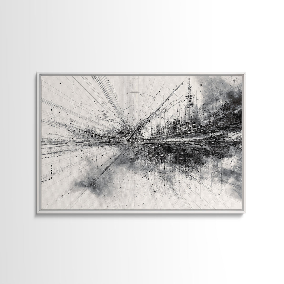 Monochrome Abstract Technical Skyline Canvas Print, Black And White Wall Decor, Minimalist Modern Office Art Gift For Study