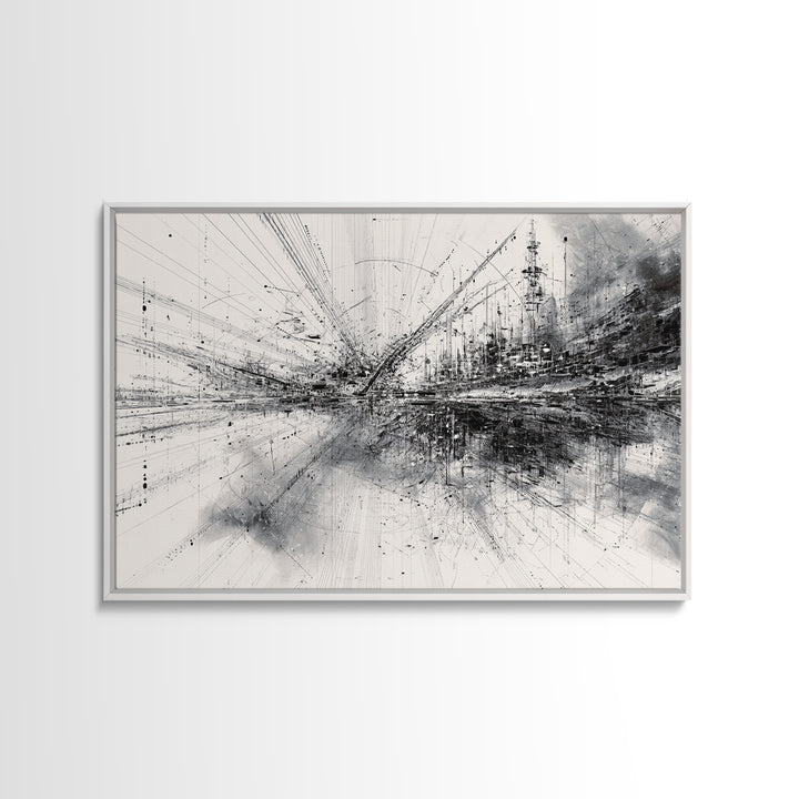 Monochrome Abstract Technical Skyline Canvas Print, Black And White Wall Decor, Minimalist Modern Office Art Gift For Study