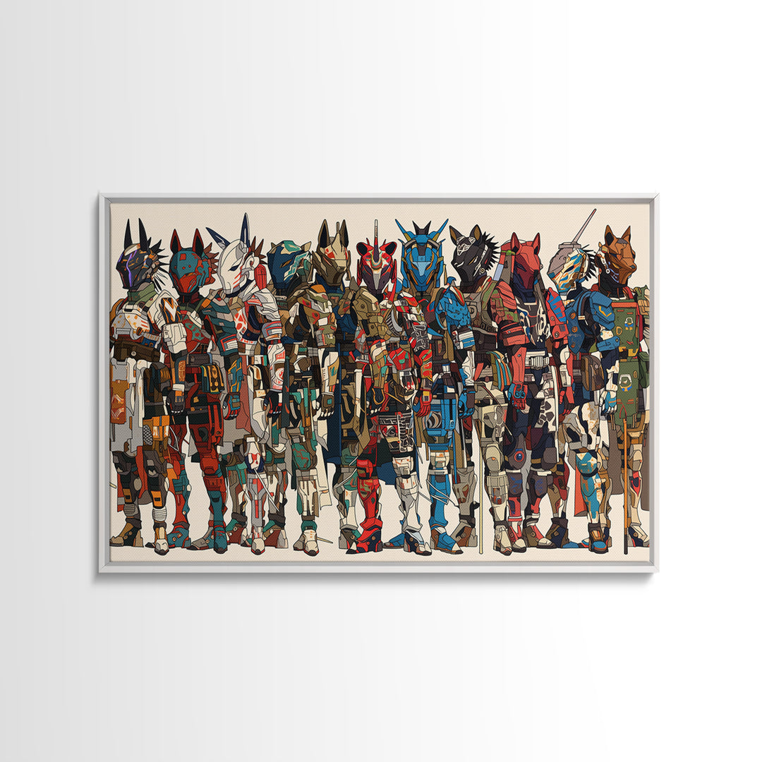 Futuristic African Mecha Warriors, Tribal Mask Canvas Print, Afrocentric Wall Art, Bold Black Culture Art, Modern Safari Decor