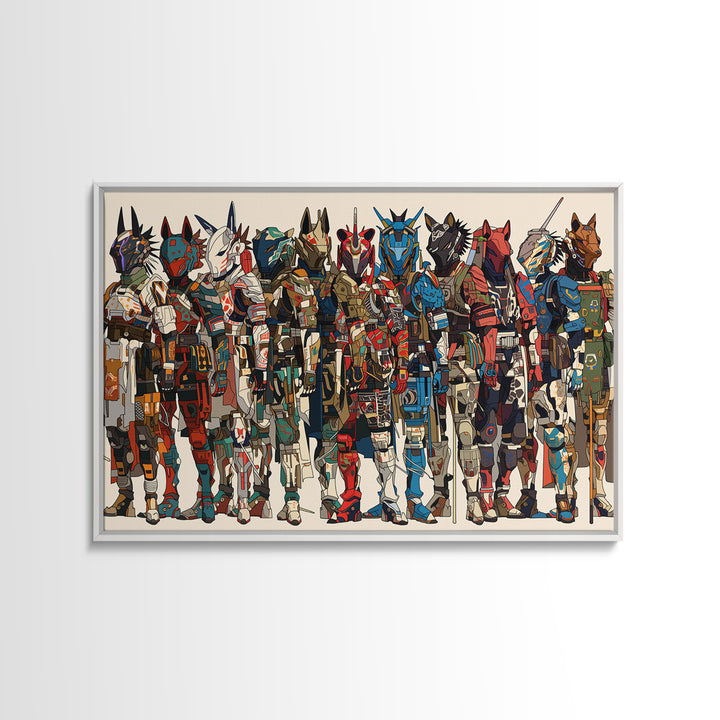 Futuristic African Mecha Warriors, Tribal Mask Canvas Print, Afrocentric Wall Art, Bold Black Culture Art, Modern Safari Decor