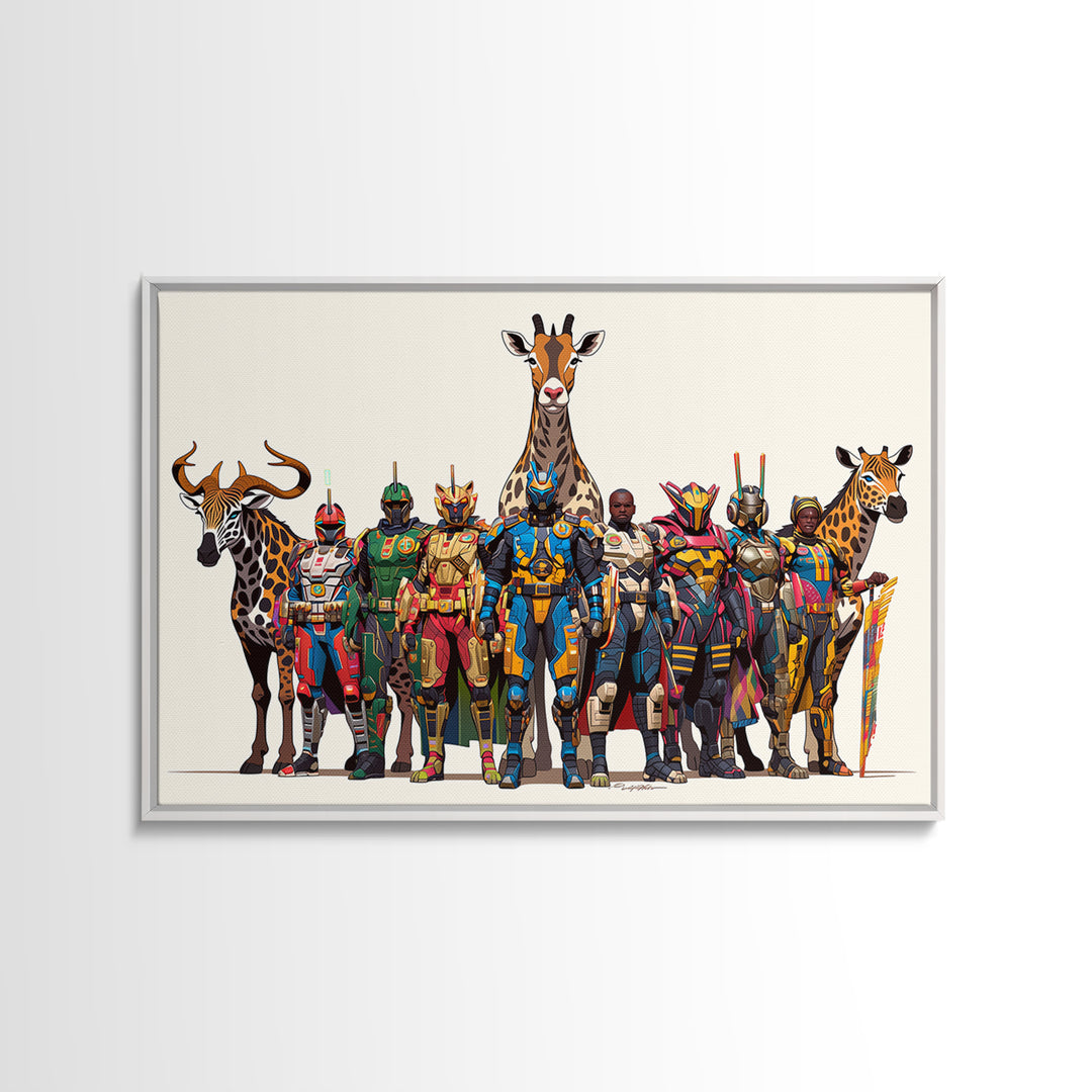 Afrofuturist Safari Warriors With Giraffes, African Wall Art, Framed Canvas Print, Tribal Queen Art, Bold Home Decor Gift